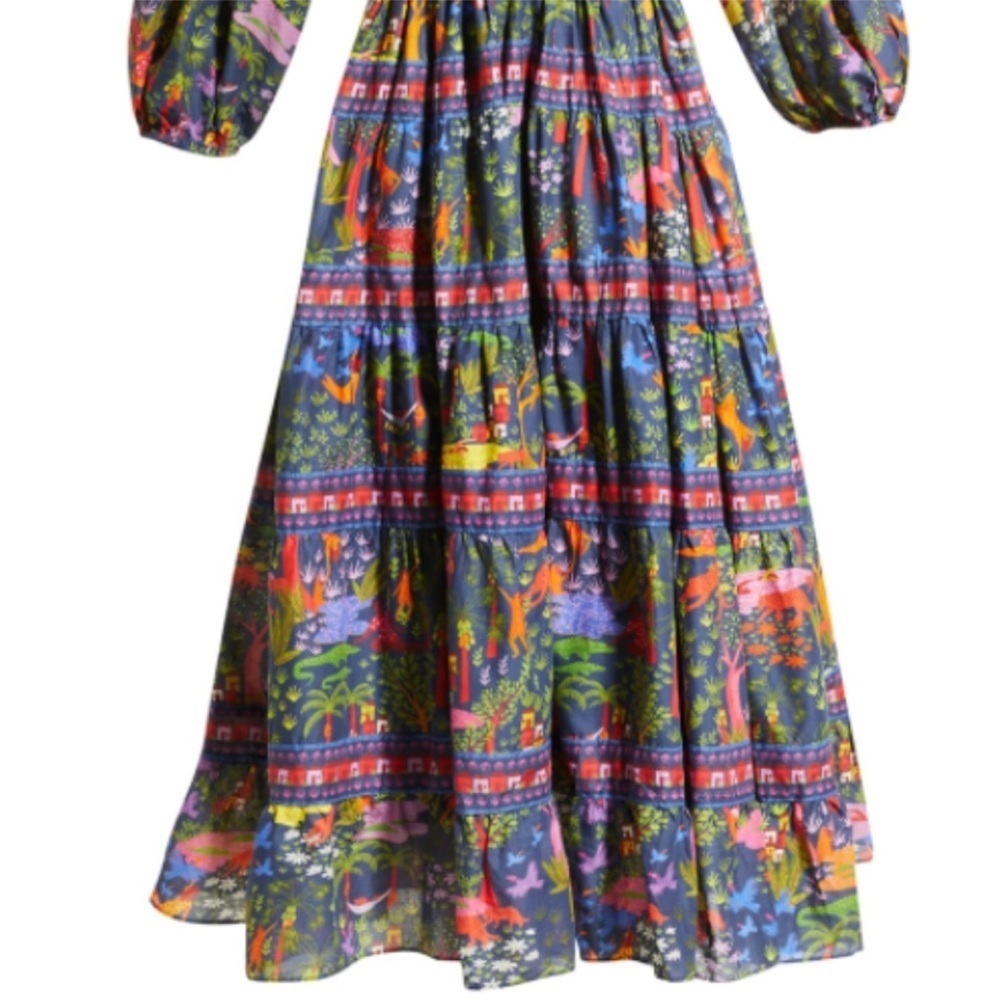 FARM Rio Animal Utopia Floral Jungle Print Puff Sleeve Midi Dress XS NWT - Picture 10 of 11